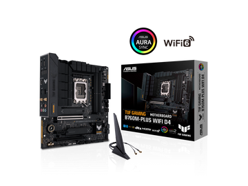 TUF GAMING B760M-PLUS WIFI D4 Intel B760 (13th and 12th Gen) LGA 1700 mATX motherboard, PCIe 5.0, two 4.0 M.2 slots, DDR4,WiFi 6, Realtek 2.5Gb Ethernet, DisplayPort, HDMI, SATA 6 Gbps, USB 3.2 Gen 2x2 Type-C, front USB 3.2 2 Gen 2x2 Type-C