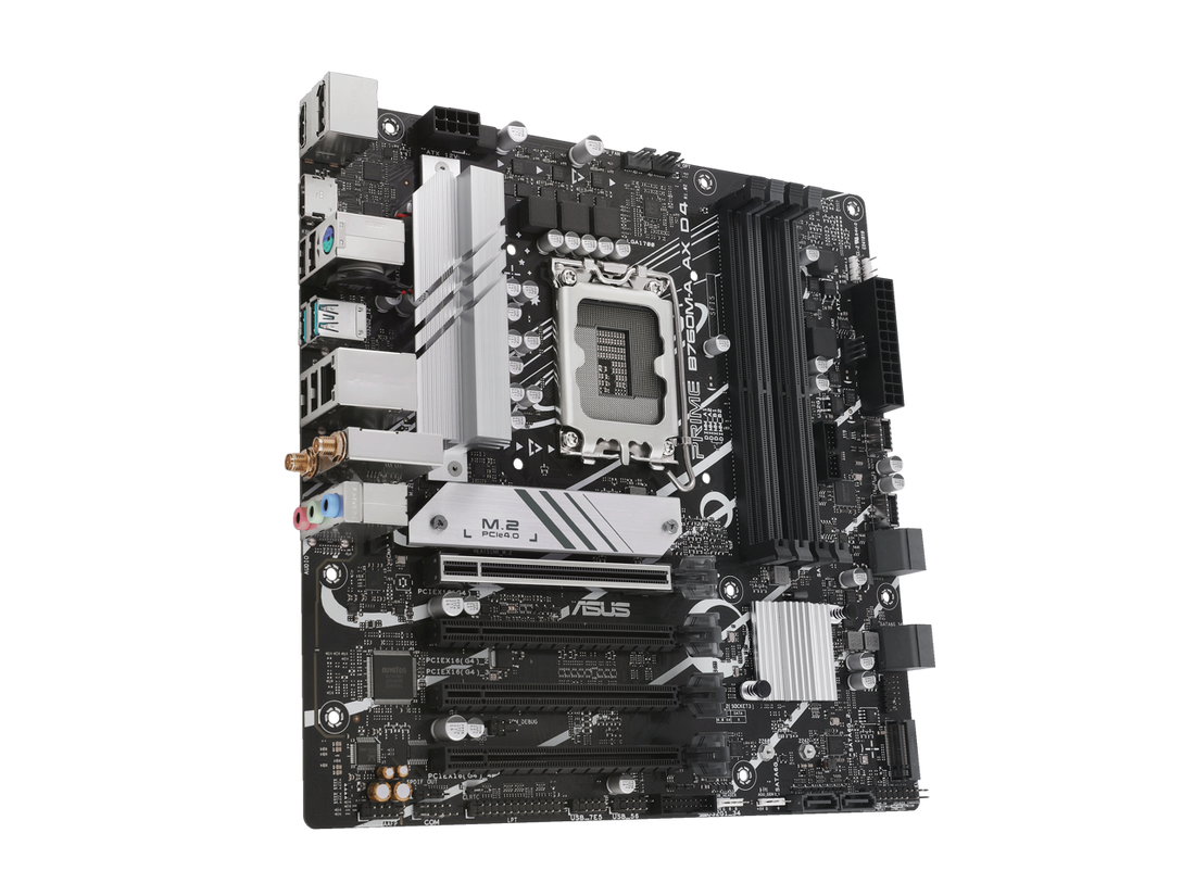 ASUS PRIME B760M-A AX D4 Intel B760 (LGA 1700)((13th and 12th Gen) mATX motherboard, PCIe 4.0, two M.2 slots, Realtek 2.5Gb Ethernet, Wi-Fi 6, DisplayPort, Dual HDMI, SATA 6 Gbps, rear USB 3.2 Gen 2, front USB 3.2 Gen 1 Type-C, Aura Sync