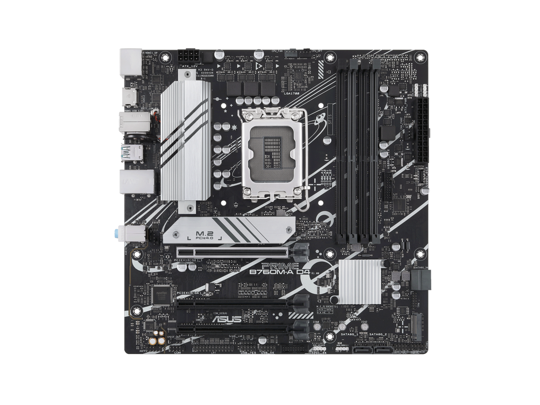 ASUS PRIME B760M-A D4 Intel B760 (LGA 1700)(13th and 12th Gen) mATX motherboard, PCIe 4.0, two M.2 slots, Realtek 2.5Gb Ethernet, DisplayPort, Dual HDMI, SATA 6 Gbps, rear USB 3.2 Gen 2, front USB 3.2 Gen 1 Type-C, Aura Sync