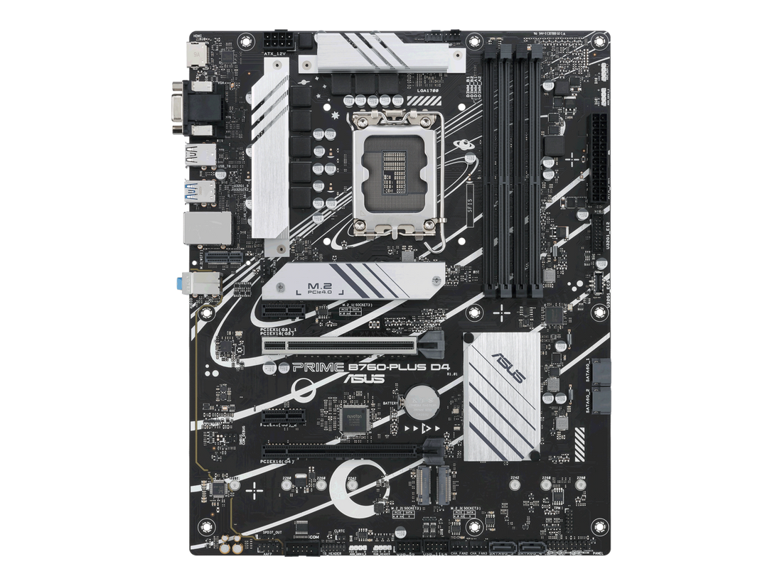 ASUS Prime B760-PLUS D4 Intel B760(13th and 12th Gen) LGA 1700 ATX motherboard with PCIe 5.0, three PCIe 4.0 M.2 slots, DDR4, Realtek 2.5Gb Ethernet, DisplayPort, VGA, HDMI, SATA 6 Gbps, USB 3.2 Gen 2x2 Type-C, front USB 3.2 Gen 1 Type-C