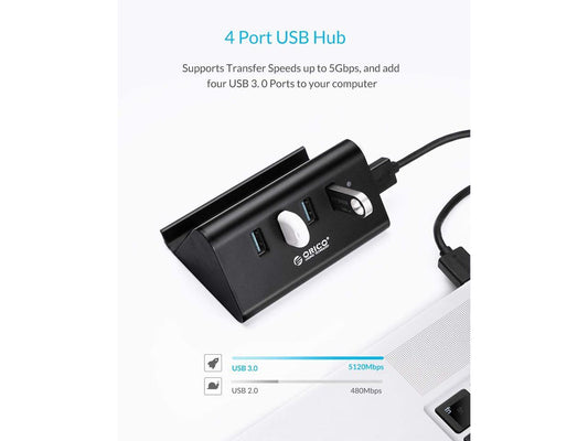 ORICO High Speed 4 Port USB 3.0 Hub with Phone Stand Portable 4 USB 3.0 HUB with Stand Phone Holder for Windows 10 / 8 / 7, Mac OS and Linux -Black